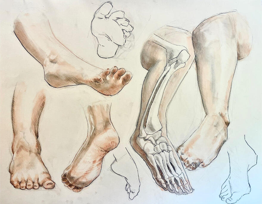 Feet Study | 2025 | Black and Red Conte Chalk on Sand-Toned Paper | 18" x 24"