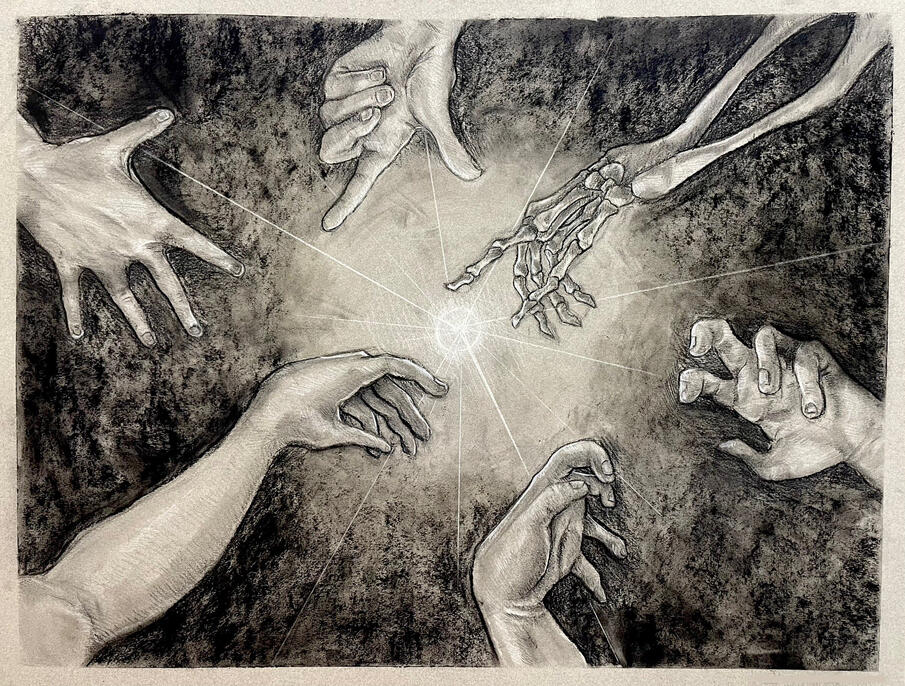 Hands Study | 2025 | Black and White Chalk on Steel Gray Paper | 18" x 24"